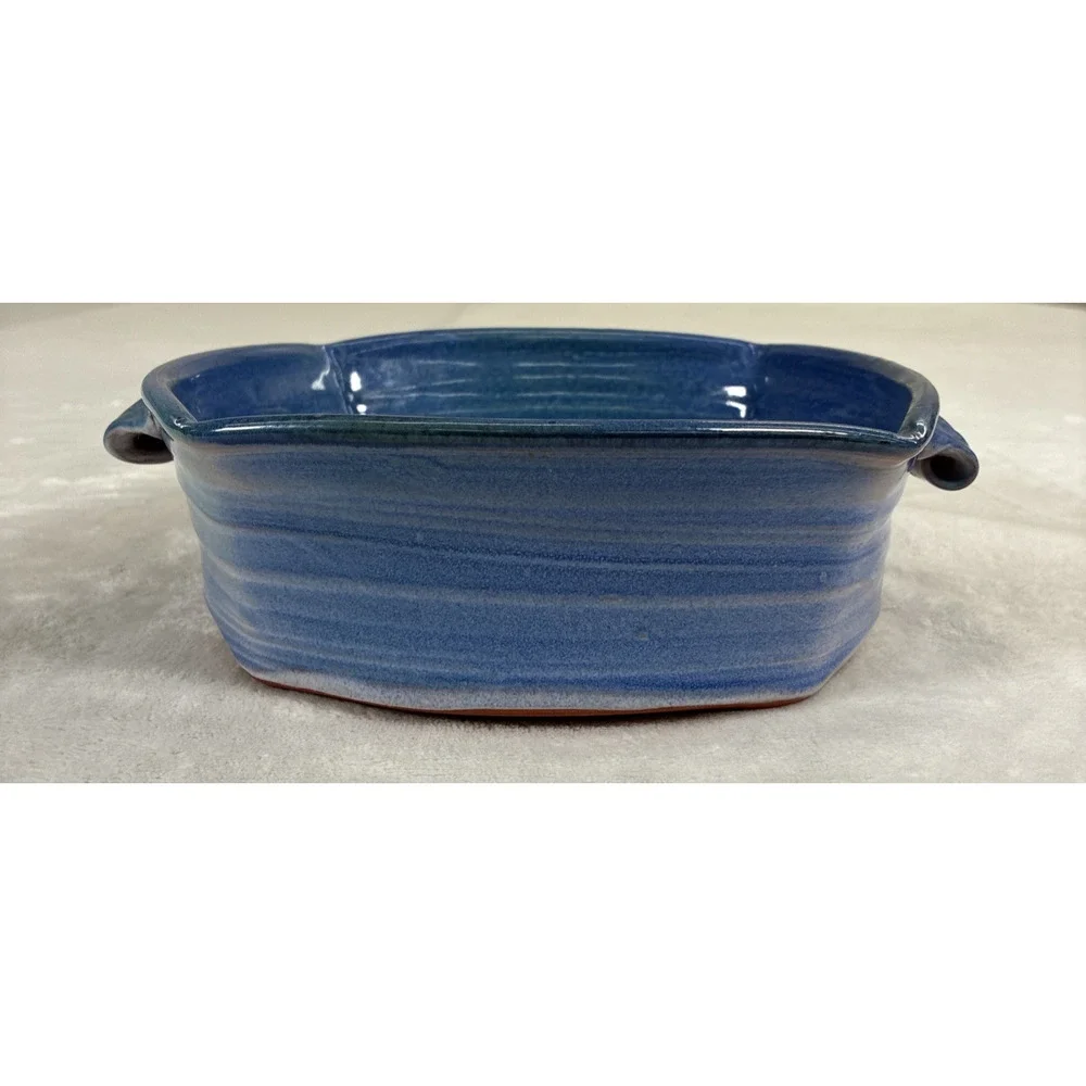 VTG Signed Studio Art Pottery Two Handled Decorative Bowl Blue Glaze 9
